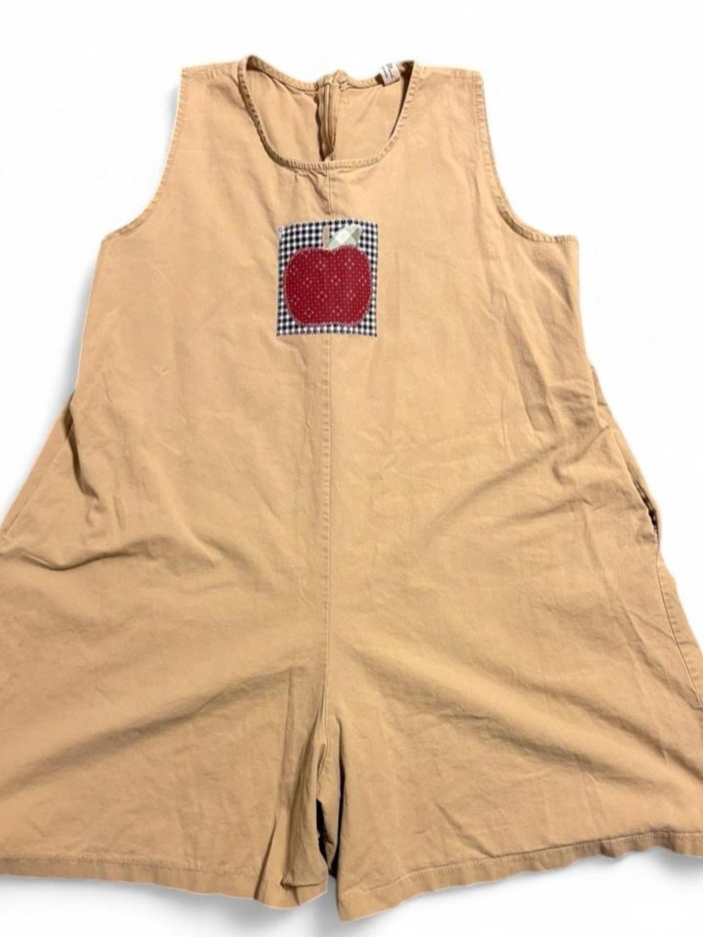 Tan Romper with handmade Apple Patchwork appliqué